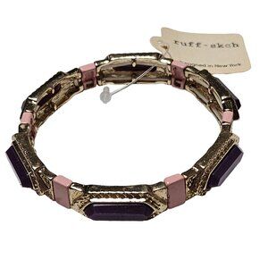 Art Deco Purple Pink Resin Stones Gold Tone Stretch Bracelet Modern Fashion